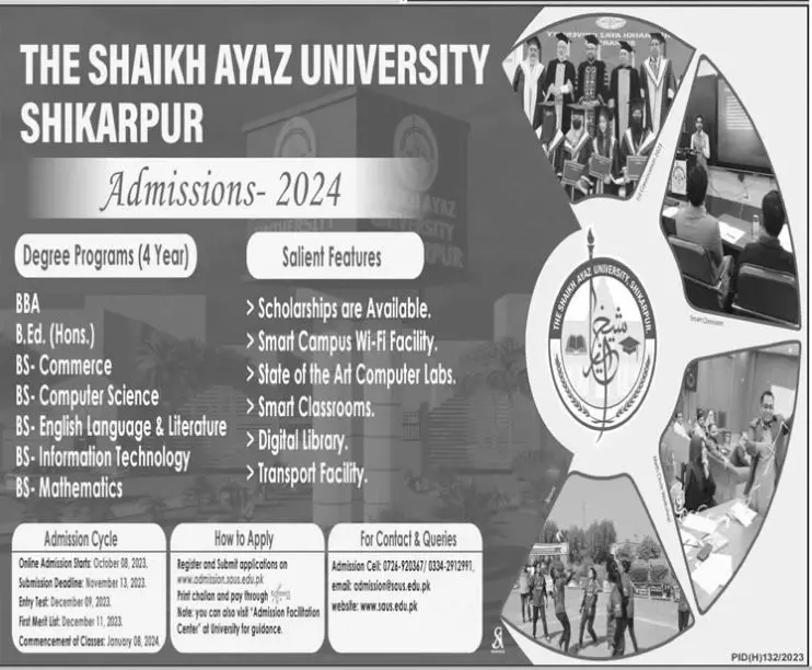 The Shaikh Ayaz University Shikarpur Sindh Admissions 2023 Admissions 2023 — original advertisement