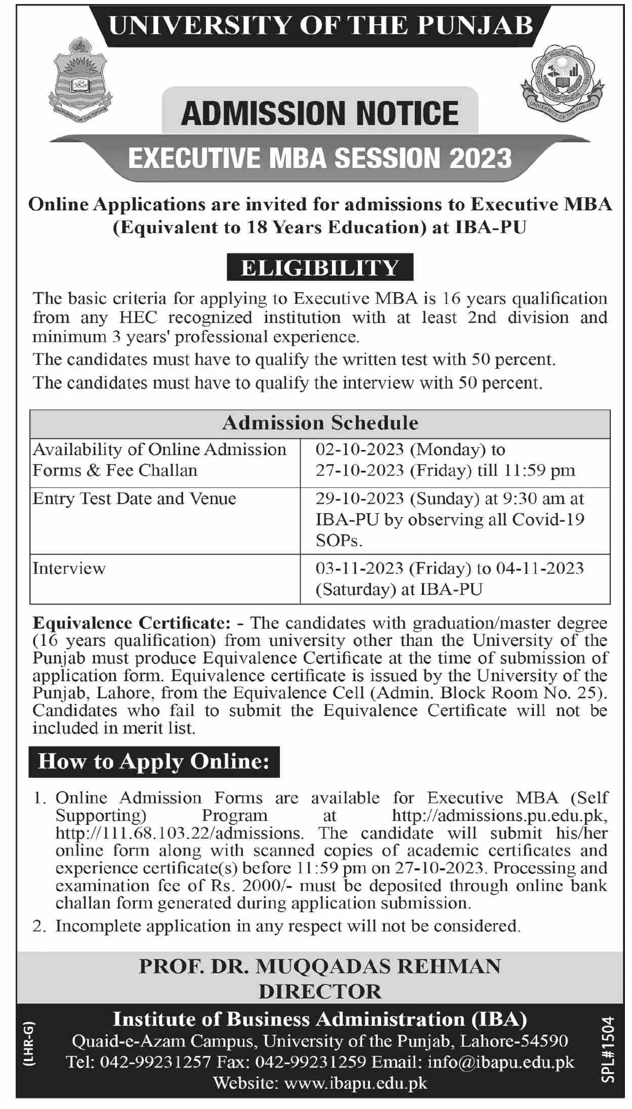 University of Punjab Admissions 2023 Admissions 2023 — original advertisement