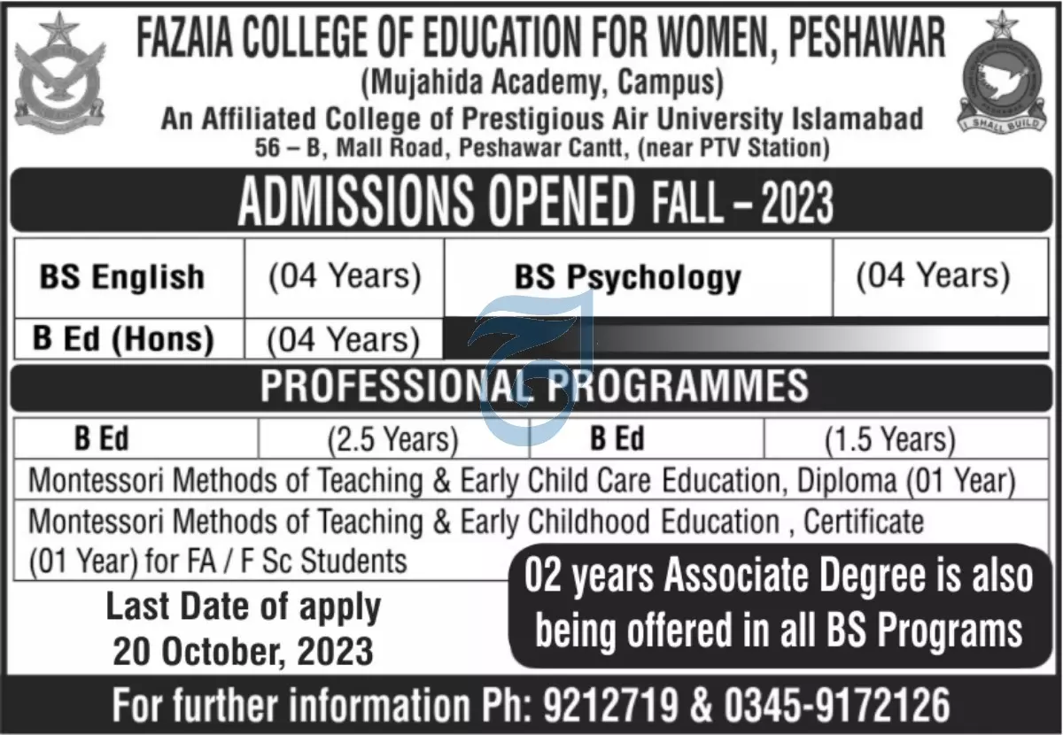 Fazaia College of Education For Women Admissions 2023 – Fazaia Schools & Colleges Admissions 2023 — original advertisement