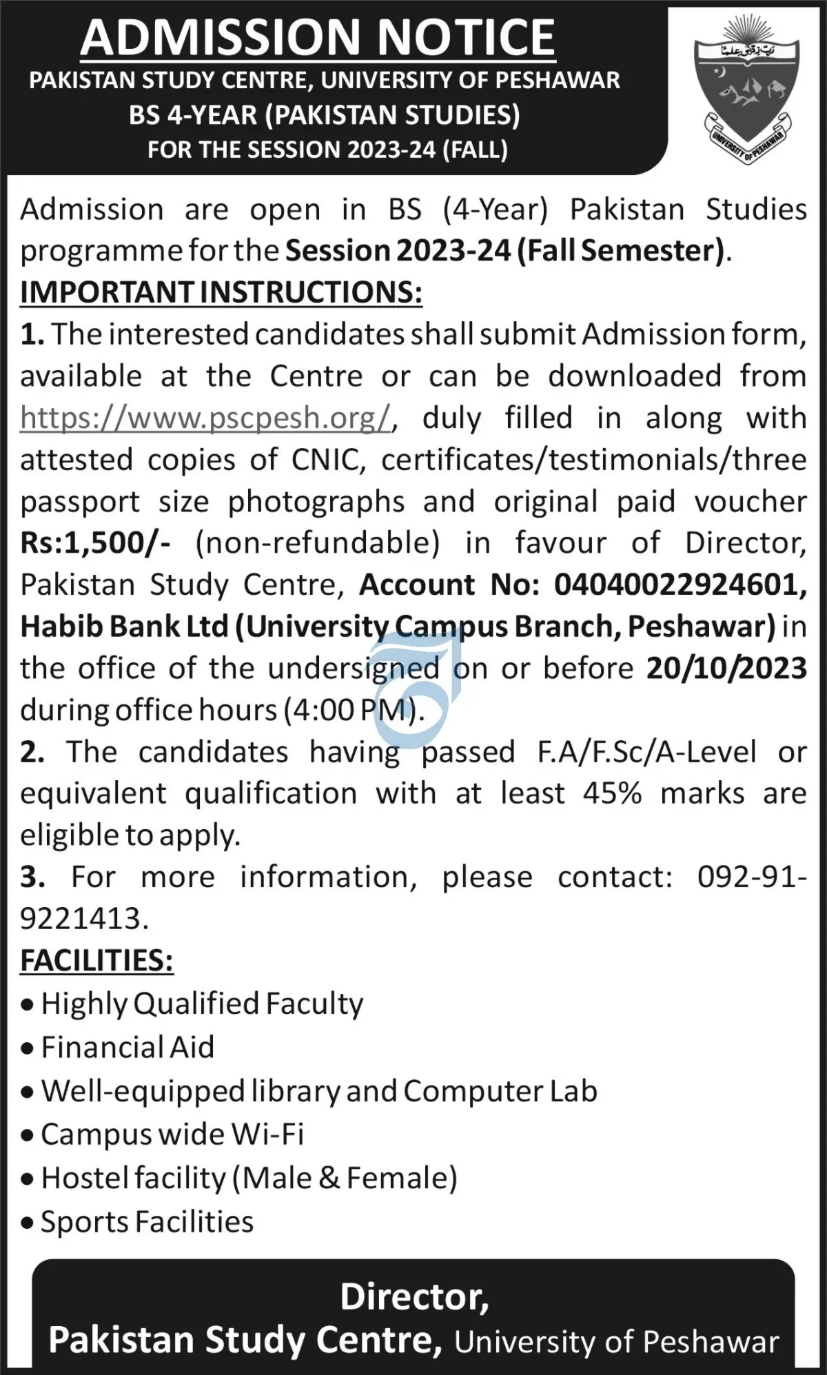 Pakistan Study Centre Universitty of Peshawar Admissions – University of Peshawar Admissions 2023 — original advertisement
