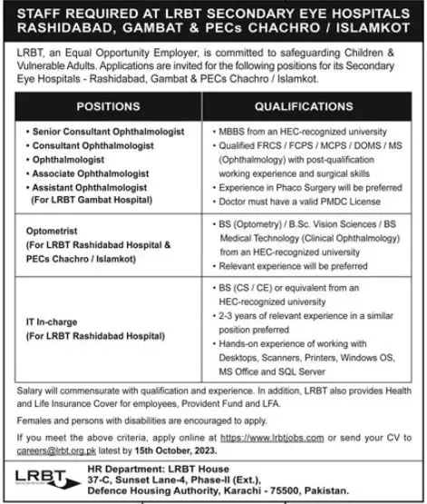 LRBT Secondary Eye Hospital Karachi Sindh Jobs 2023 – LRBT Tertiary Eye Teaching  Hospital Jobs 2023 — original advertisement