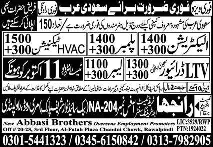 Electrician & HVAC Technician Jobs 2023 In Saudi Arabia – Ranjha Trade Test & Training Center Jobs 2023 — original advertisement