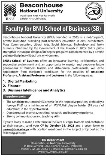 Beaconhouse National University Lahore  Jobs 2023 Jobs 2023 — original advertisement