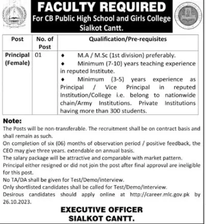 CB Public High School & Girls College Sialkot Jobs 2023 – Pakistan Army Jobs 2023 — original advertisement