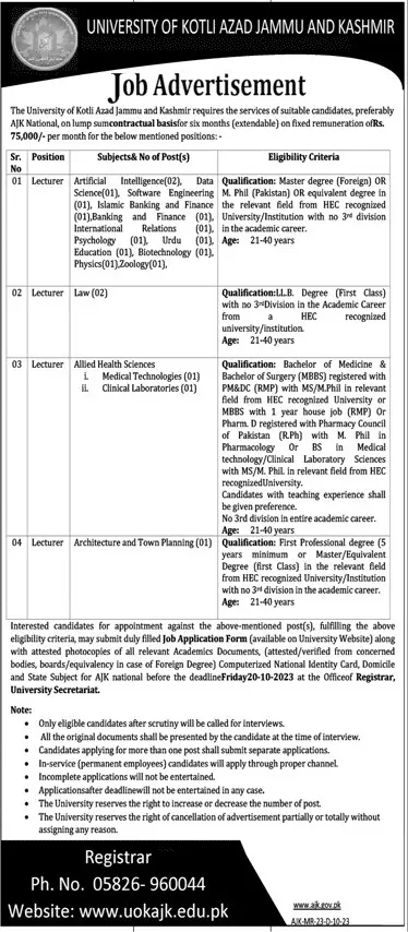 University Of Kotli Azad Jammu Kashmir Jobs 2023 – University of Kotli Azad Jammu and Kashmir Jobs 2023 — original advertisement