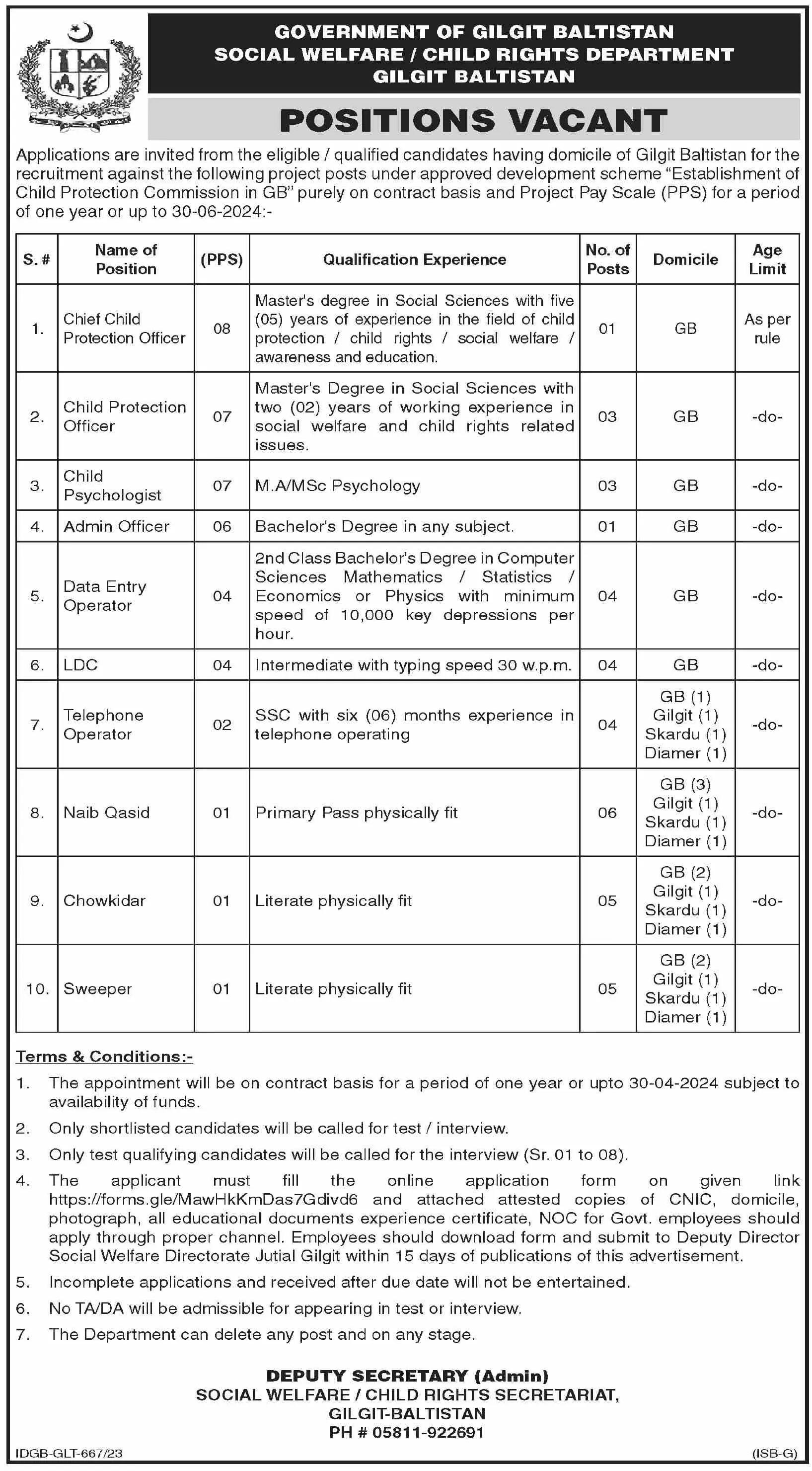 Social Welfare Department Gilgit Baltistan Gilgit Jobs 2023 – Government of Gilgit-Baltistan Jobs 2023 — original advertisement