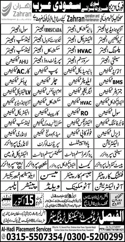 Equipment Control Engineer & Fire Fighting Technician Jobs – Al Faisal Trade Test & Technical Training Center Jobs 2023 — original advertisement