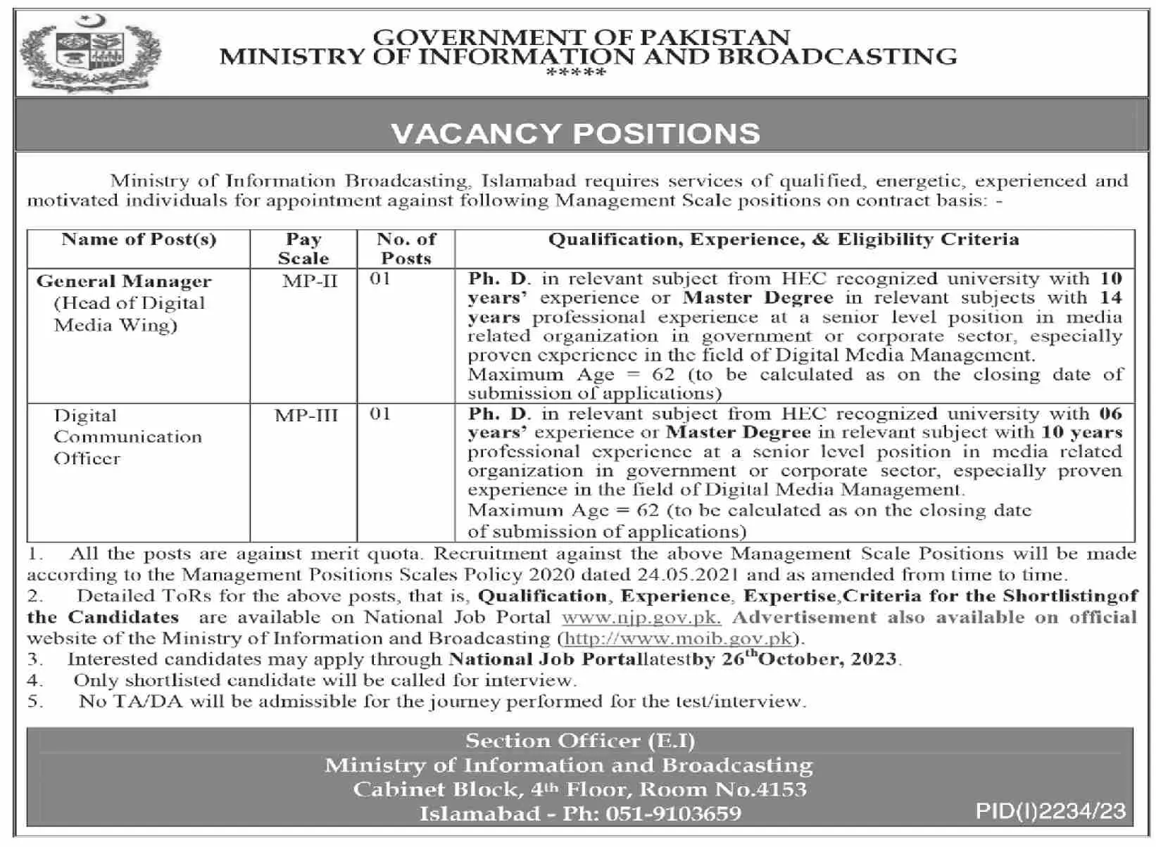 Ministry of Information and Broadcasting Islamabad Jobs 2023 – Ministry of Information & Broadcasting Pakistan Jobs 2023 — original advertisement