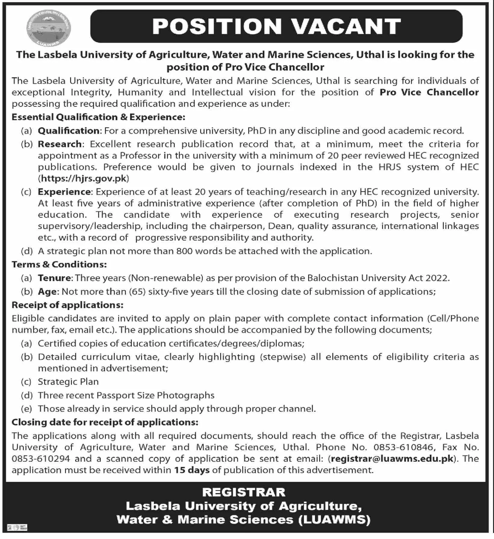 Lasbela University Of Agriculture Water and Marine Jobs 2023 – Lasbela University of Agriculture, Water & Marine Sciences (LUAWMS) Uthal Jobs 2023 — original advertisement
