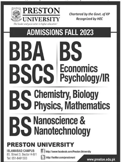 Preston University Islamabad Campus Admissions 2023 Admissions 2023 — original advertisement