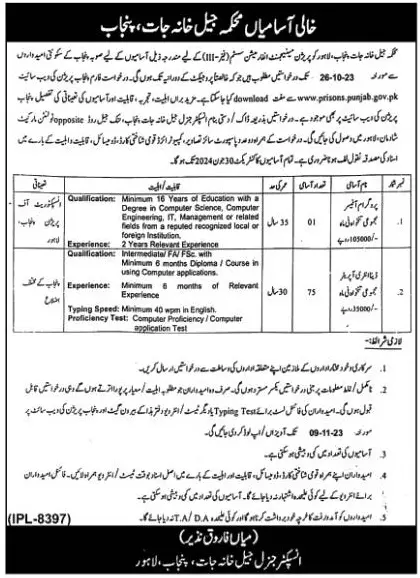 Prisions Department Punjab Lahore Job 2023 – Prisons Department Punjab Jobs 2023 — original advertisement