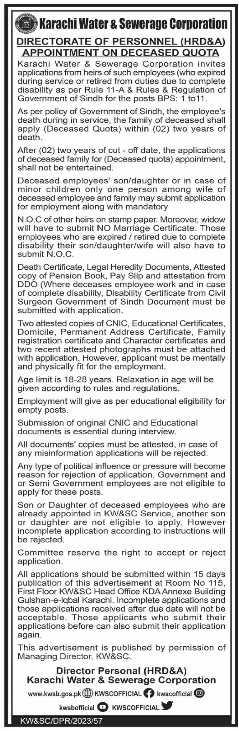 Karachi Water & Sewerage Board Karachi Jobs 2023 Jobs 2023 — original advertisement