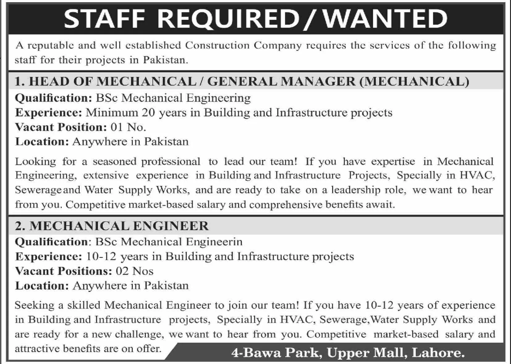 Construction Company Lahore Punjab Jobs 2023 – Private Company Jobs 2023 — original advertisement