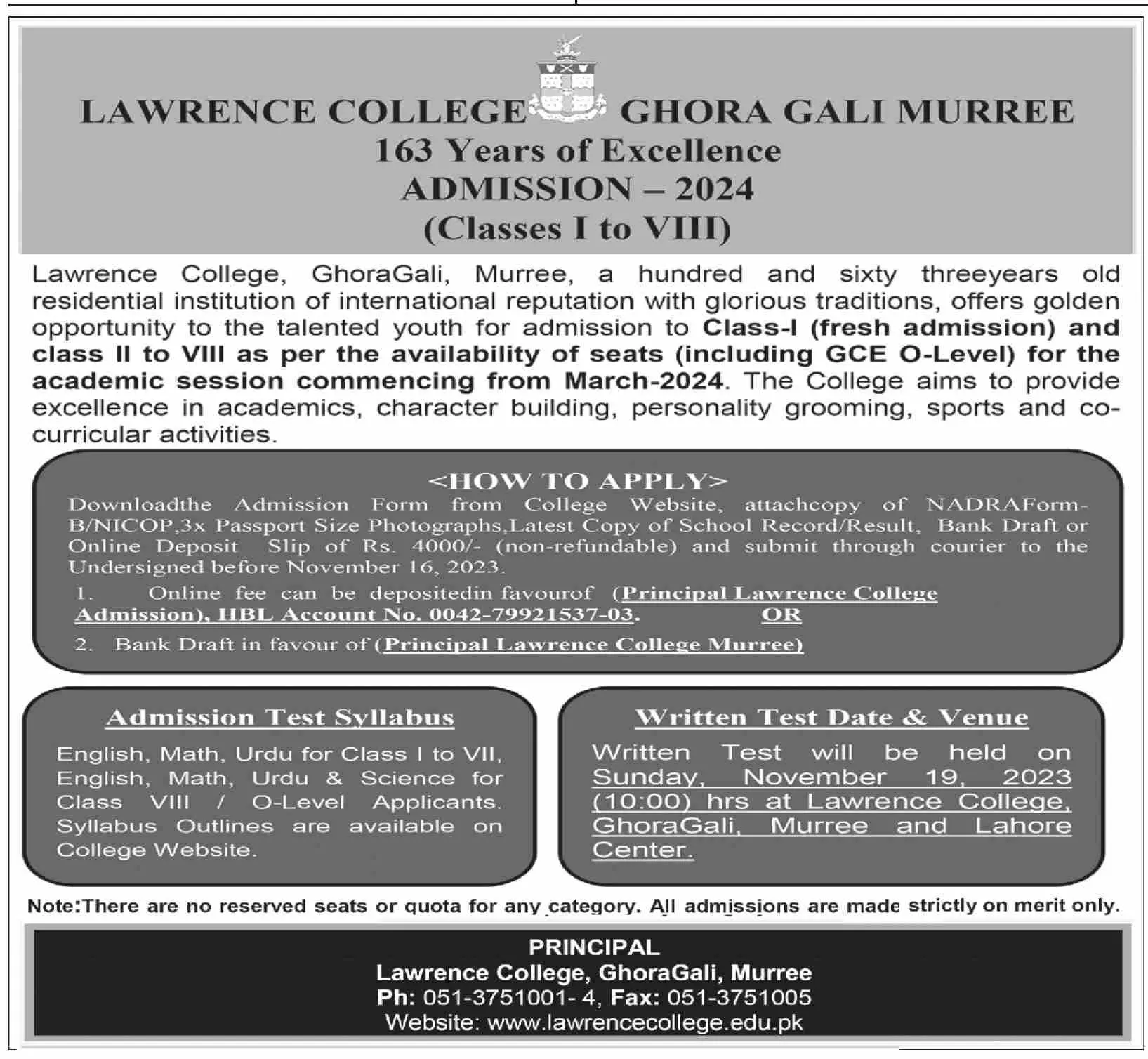 Lawrence College Murree Admission 2023 – Lawrence College Ghora Gali Admissions 2023 — original advertisement