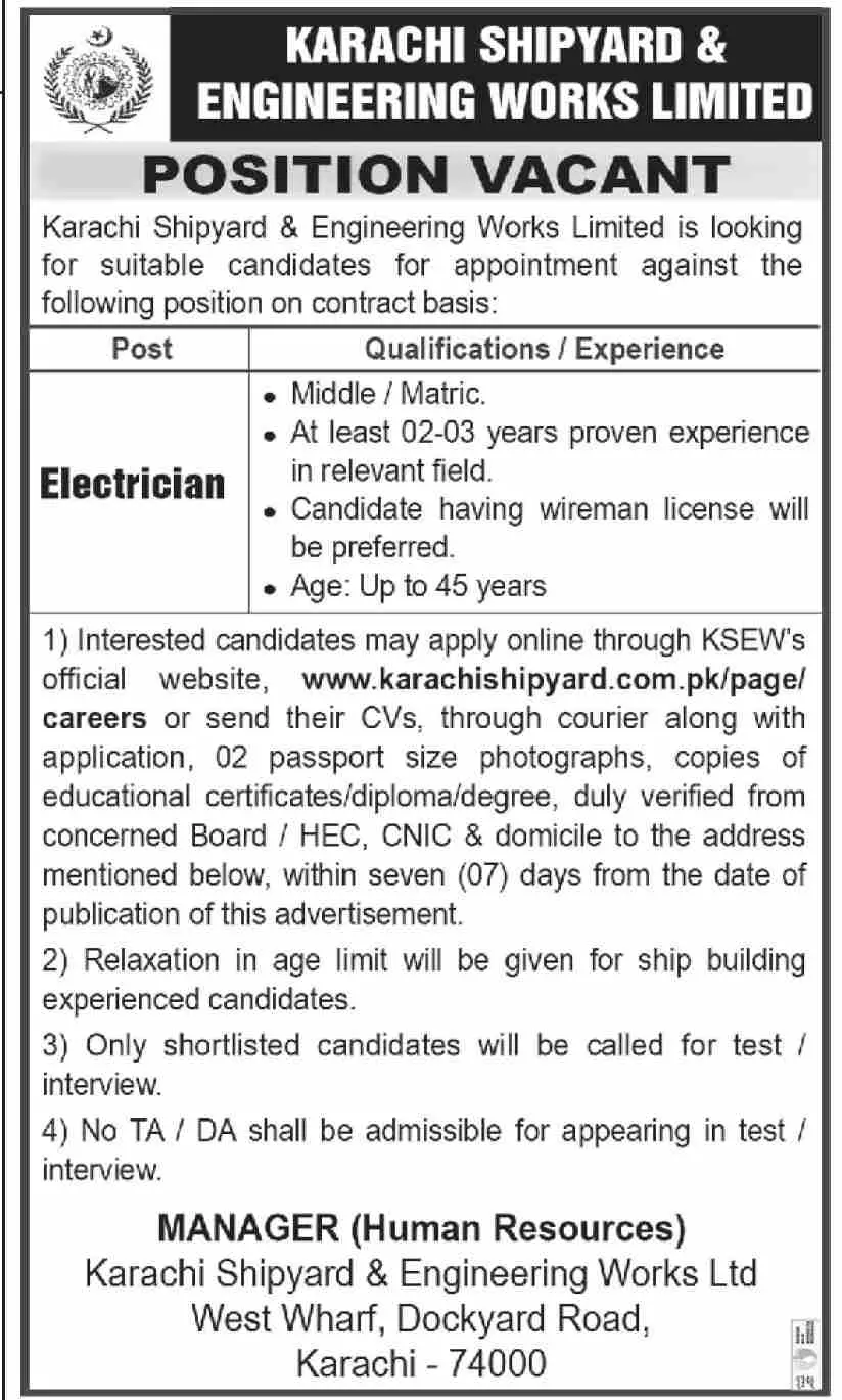 Karachi Shipyard And Engineering Works Karachi Jobs 2023 – Karachi Shipyard & Engineering Works Limited Jobs 2023 — original advertisement
