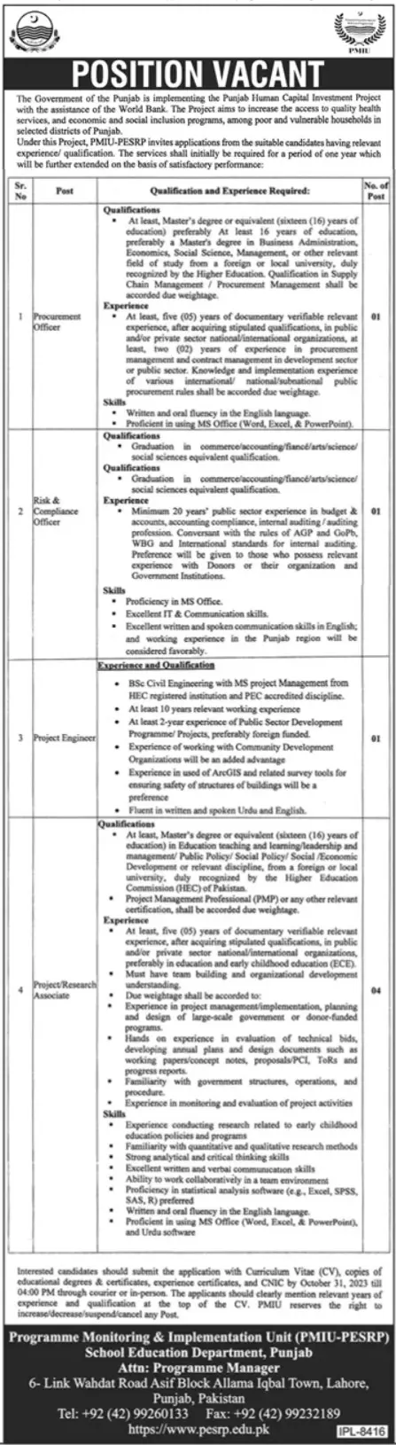 School Education Department Punjab Lahore Jobs 2023 Jobs 2023 — original advertisement