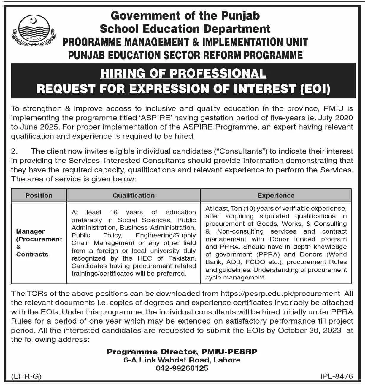 School Education Department Lahore Jobs 2023 – School Education Department Punjab Jobs 2023 — original advertisement