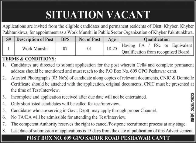 Public Sector Organization Peshawar  kpk Jobs 2023 Jobs 2023 — original advertisement