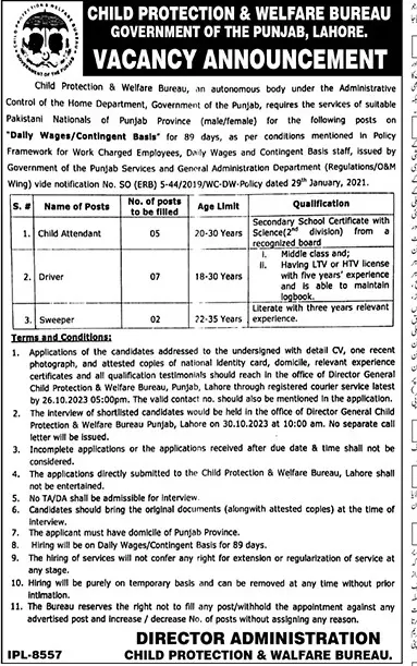 Child Protection & welfare Bureau Lahore Punjab Jobs 2023 – Govt of Punjab Jobs 2023 — original advertisement