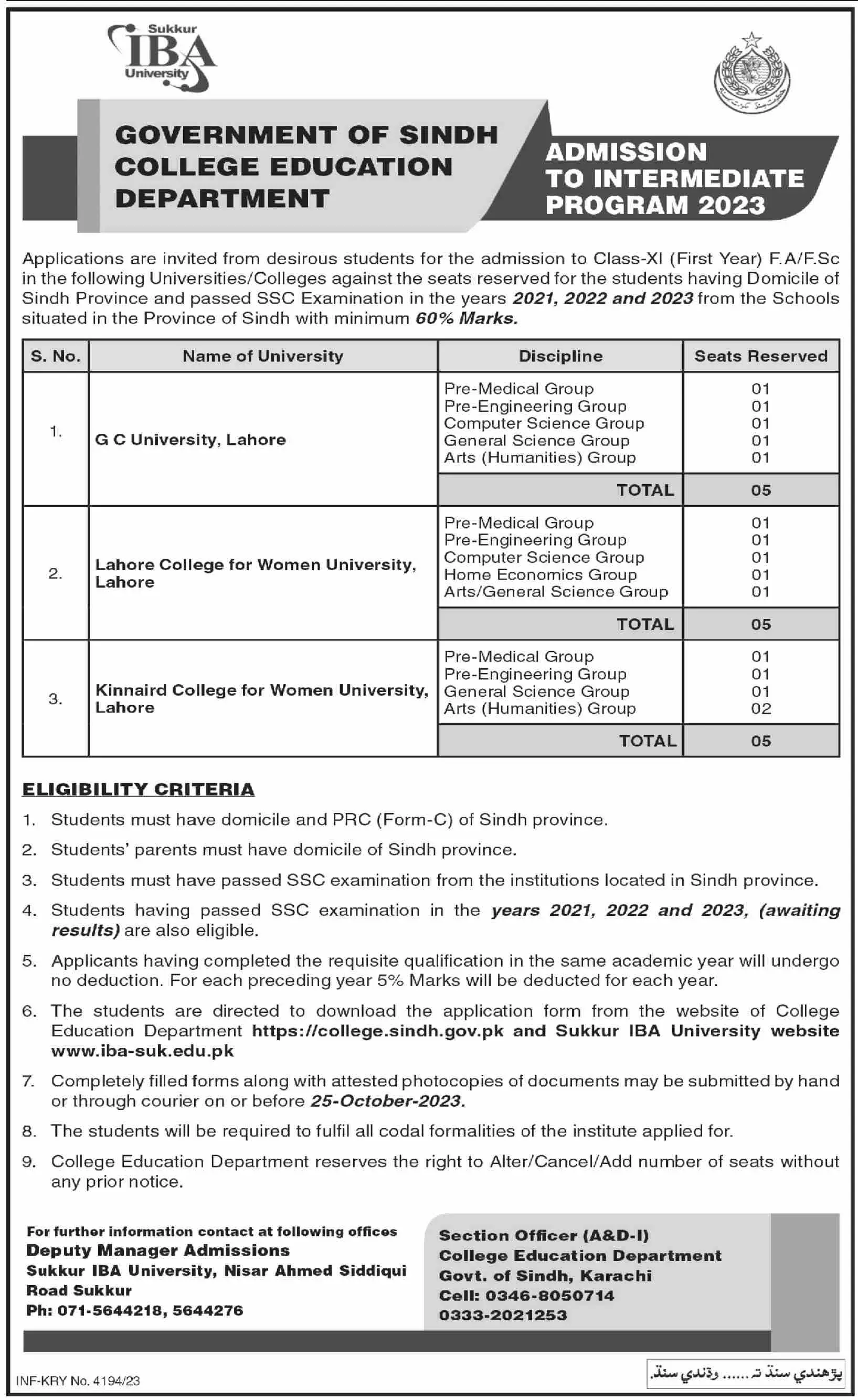 College Education Department Sindh Admissions 2023 Admissions 2023 — original advertisement