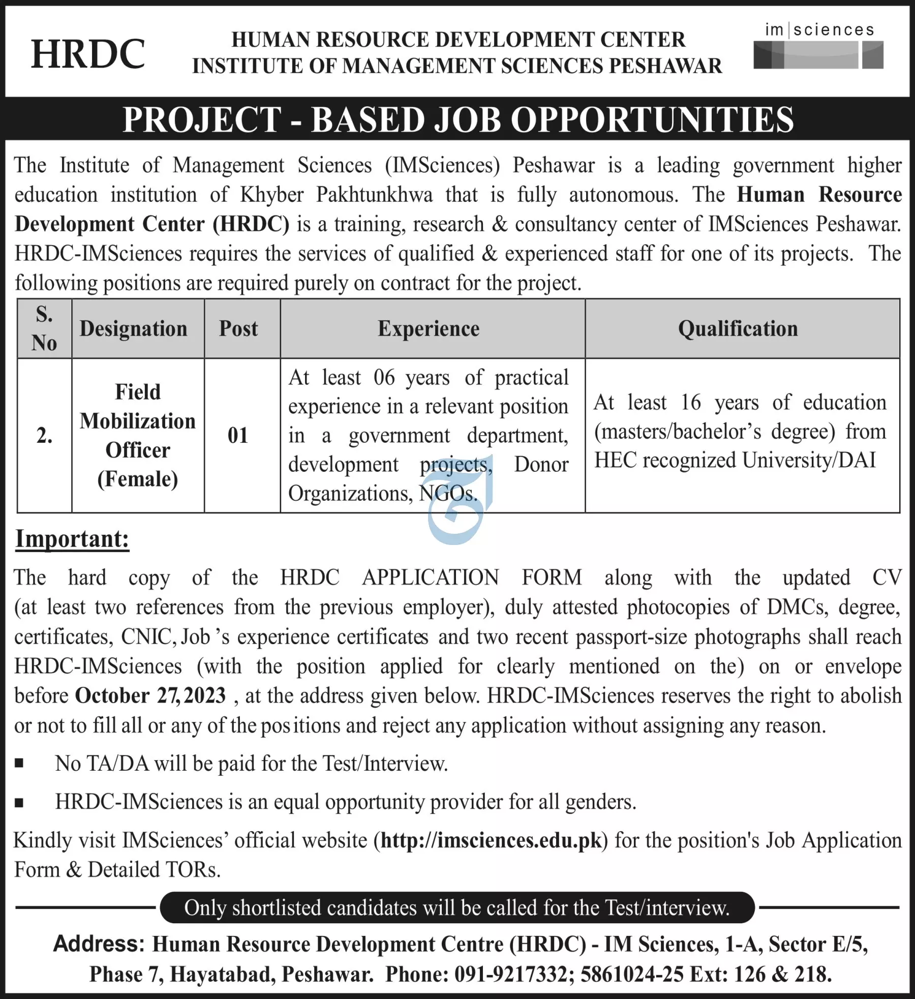 Institute of Management Sciences Peshawar Jobs 2023 Jobs 2023 — original advertisement