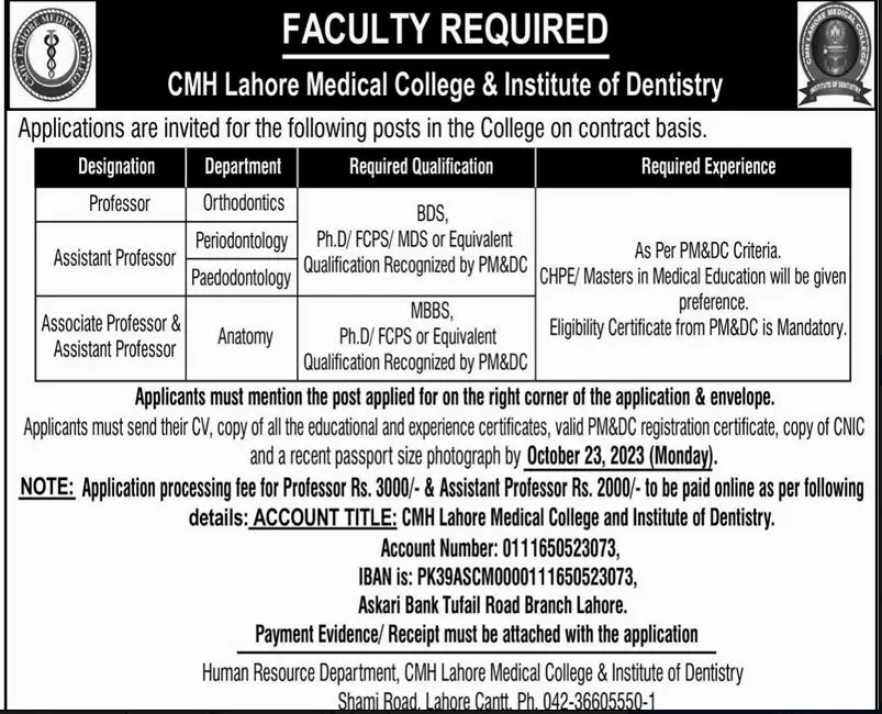 CMH Lahore Medical College Lahore Punjab Jobs 2023 – Combined Military Hospital CMH Jobs 2023 — original advertisement