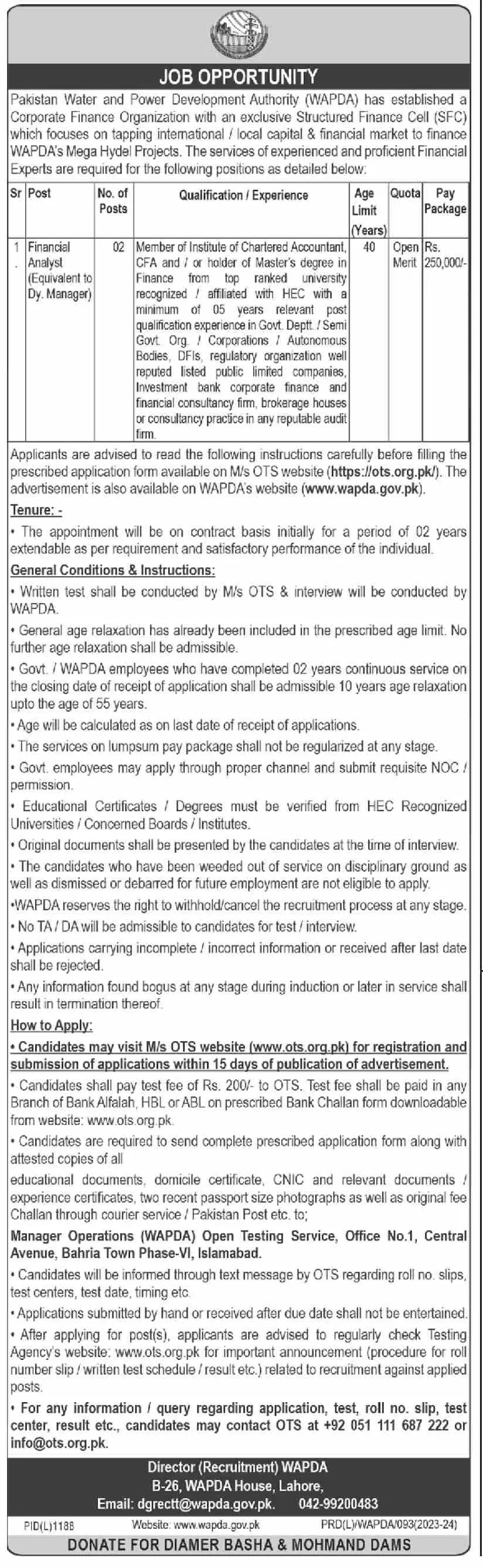 Water & Power Development Authority WAPDA Lahore Jobs 2023 – Water and Power Development Authority Jobs 2023 — original advertisement
