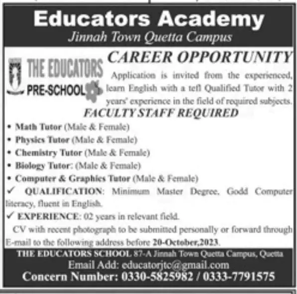 The Educator School Quetta Campus Jobs 2023 Jobs 2023 — original advertisement