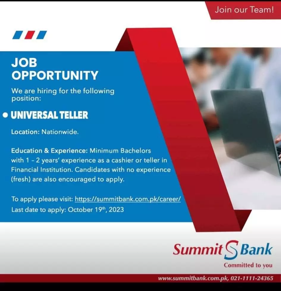 Summit Bank universal Teller Jobs 2023 Jobs 2023 — original advertisement