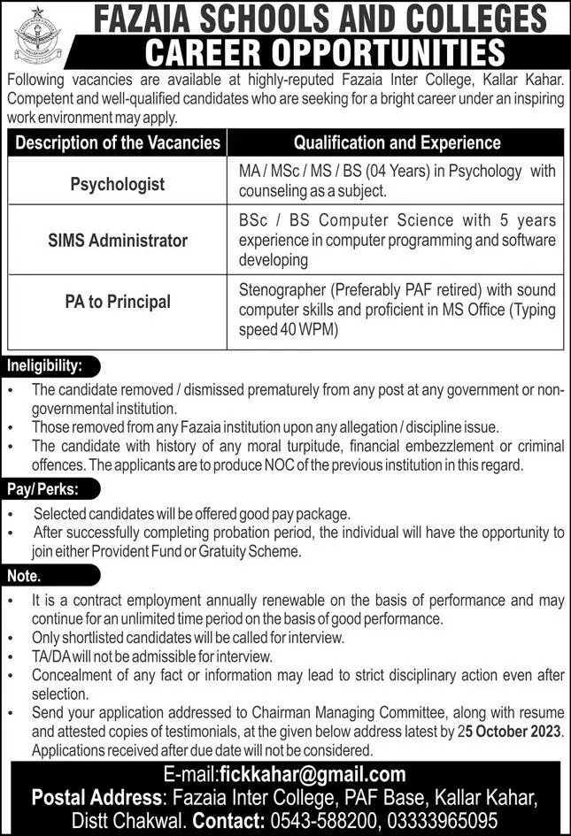 Fazaia Schools And Colleges Lahore Jobs 2023 – Fazaia Schools & Colleges Jobs 2023 — original advertisement