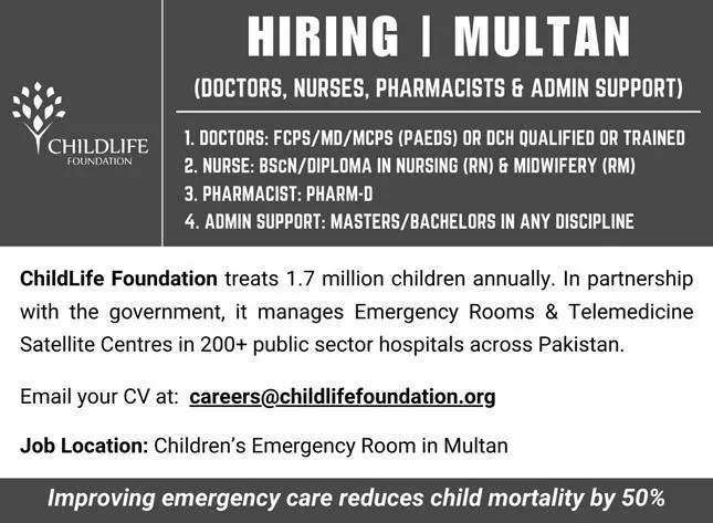 Childlife Foundation Multan Jobs 2023 – Private Sector Organization Jobs 2023 — original advertisement