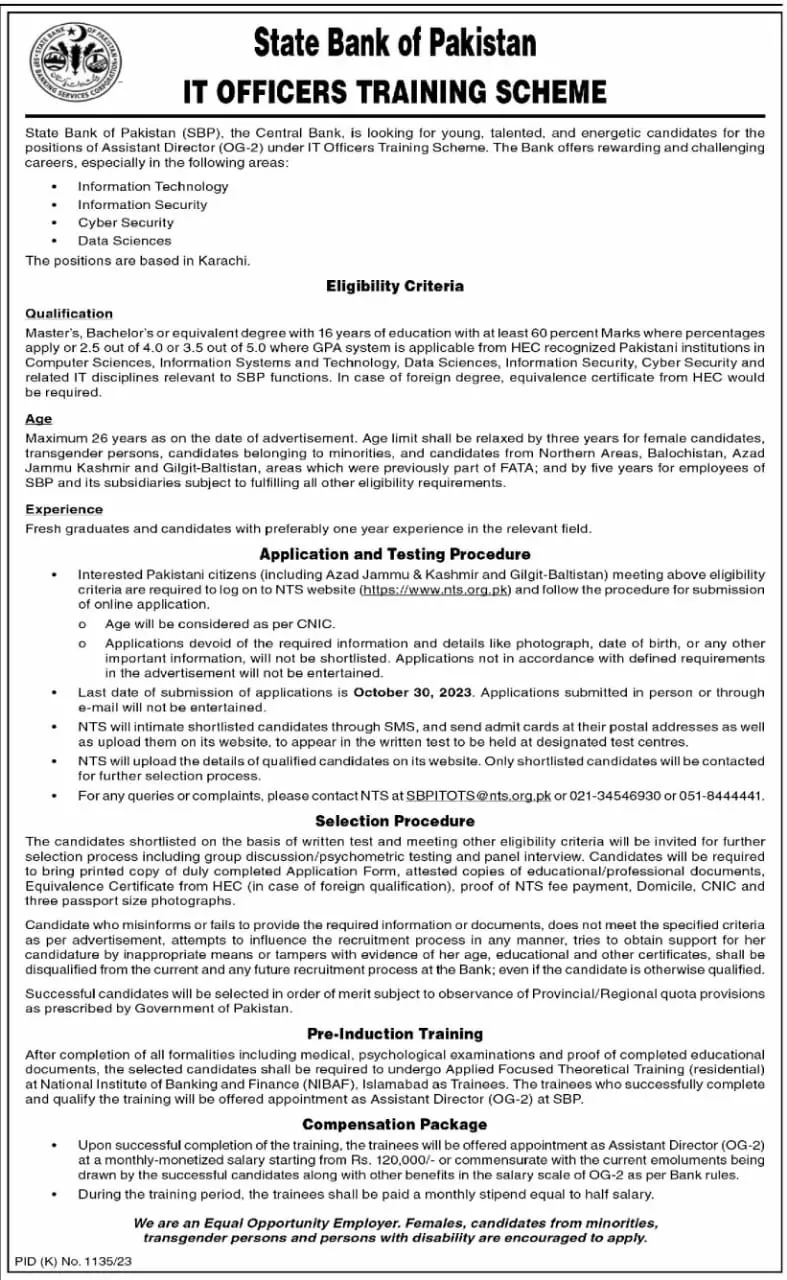 State Bank Of Pakistan SBP Karachi Jobs 2023 Jobs 2023 — original advertisement