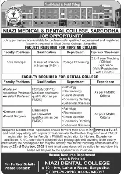 Niazi Medical And Dental College Sargodha Jobs 2023 Jobs 2023 — original advertisement