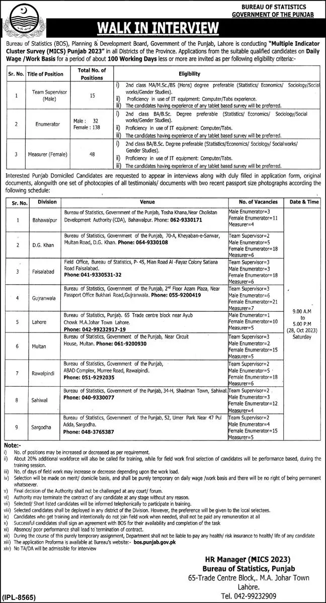 Bureau of Statistics BOS Lahore Punjab Jobs 2023 – Bureau of Statistics (BOS), Punjab Jobs 2023 — original advertisement