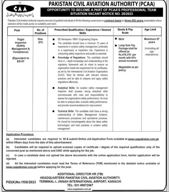 Pakistan Civil Aviation Authority CAA Karachi Jobs 2023 – Pakistan Civil Aviation Authority (CAA) Jobs 2023 — original advertisement