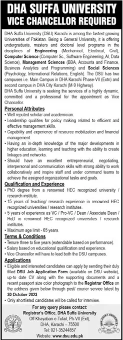 DHA Suffa University Karachi Jobs 2023 Jobs 2023 — original advertisement