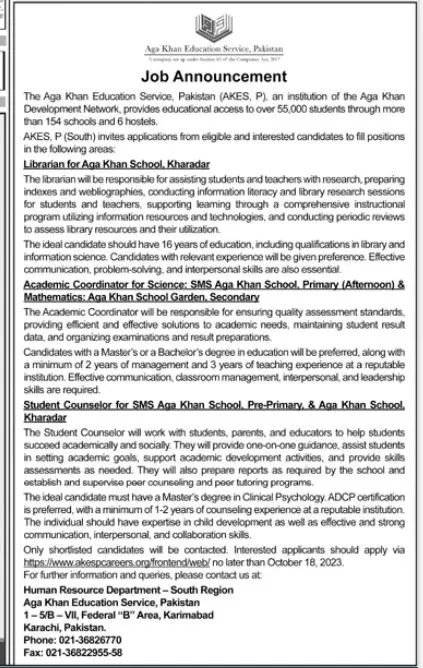 Agha Khan Education Service Pakistan AKES Karachi Jobs 2023 – Aga Khan Education Service Pakistan Jobs 2023 — original advertisement