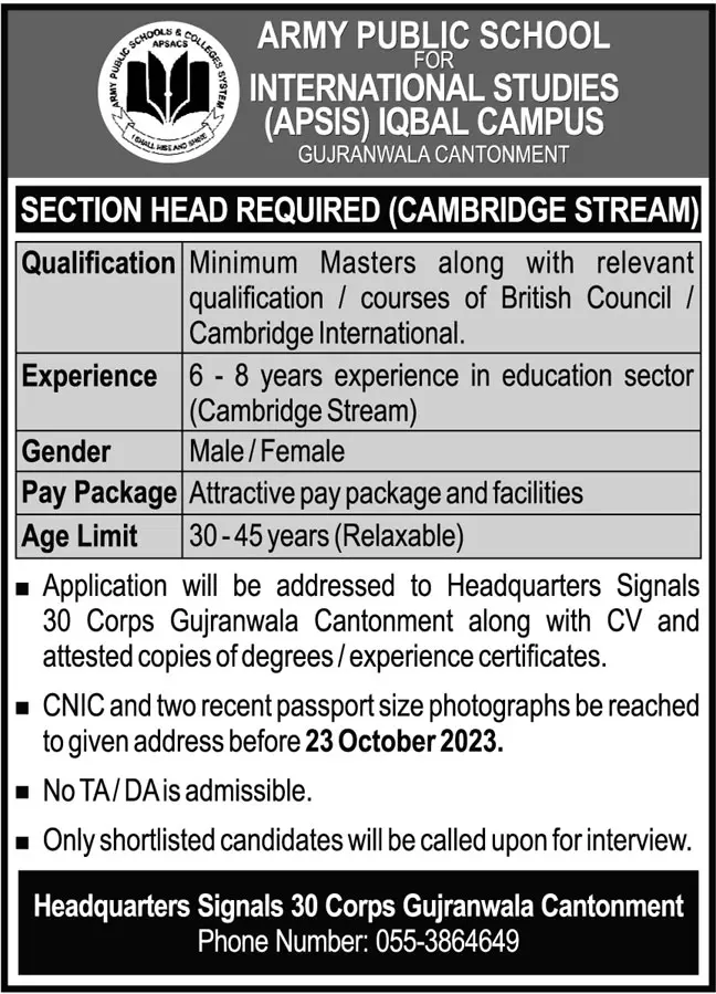 Army Public School For International Studies APSIS Jobs 2023 – Army Public School & College Paksitan Jobs 2023 — original advertisement