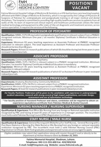 FMH College Of Medicine & Dentistry Jobs 2023 – FMH college of medicine n dentistry lahore Jobs 2023 — original advertisement