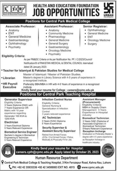 Health And Education Foundation Lahore Jobs – Private Sector Organization Jobs 2023 — original advertisement