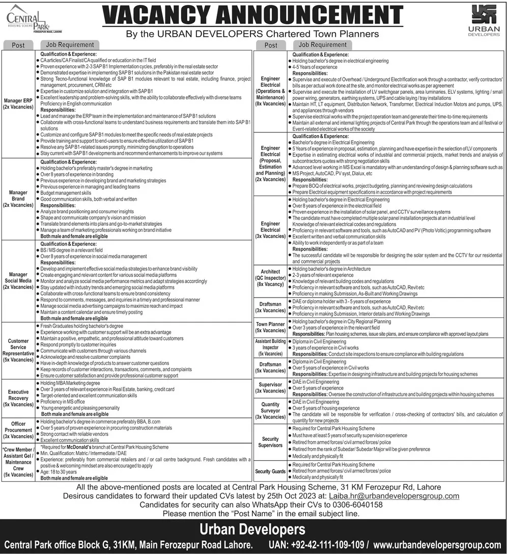 Central Park Housing Scheme Lahore Jobs 2023 – Central Park Medical College & Teaching Hospital Jobs 2023 — original advertisement