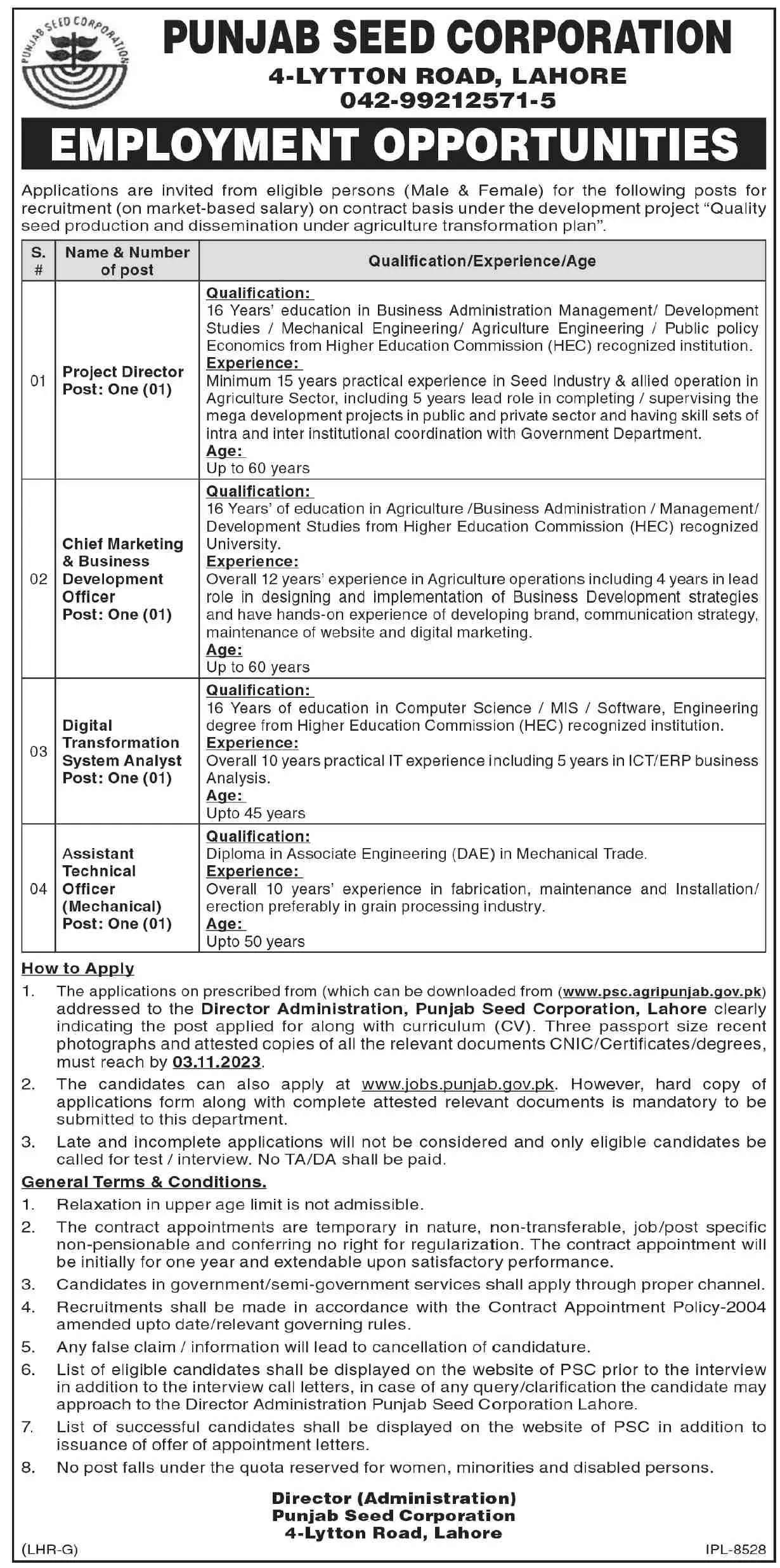 Punjab Seed Corporation Lahore Jobs 2023 – Private Company Jobs 2023 — original advertisement