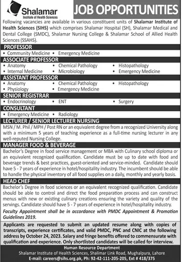 Shalamar Institute Of Health Sciences Jobs 2023 Jobs 2023 — original advertisement