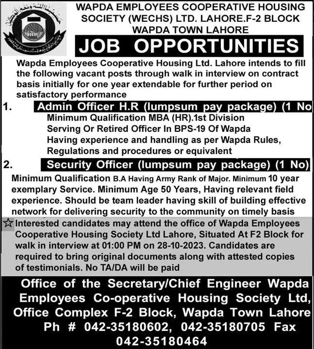 Wapda Employees Cooperative Housing Society Jobs 2023 – Water and Power Development Authority Jobs 2023 — original advertisement