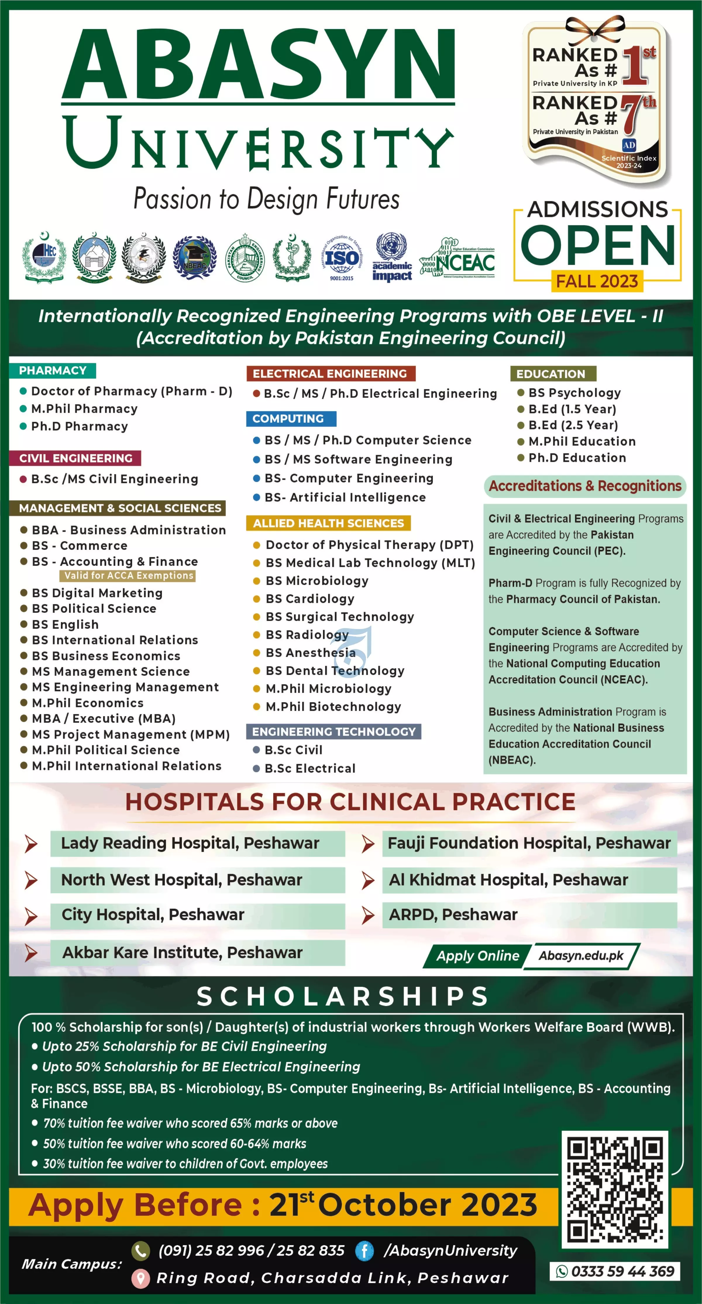 Abasyn University Peshawar Admissions Open Fall 2023 Admissions 2023 — original advertisement