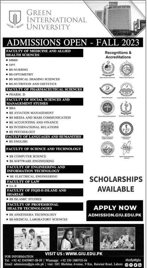Green International University Lahore Admissions 2023 Admissions 2023 — original advertisement