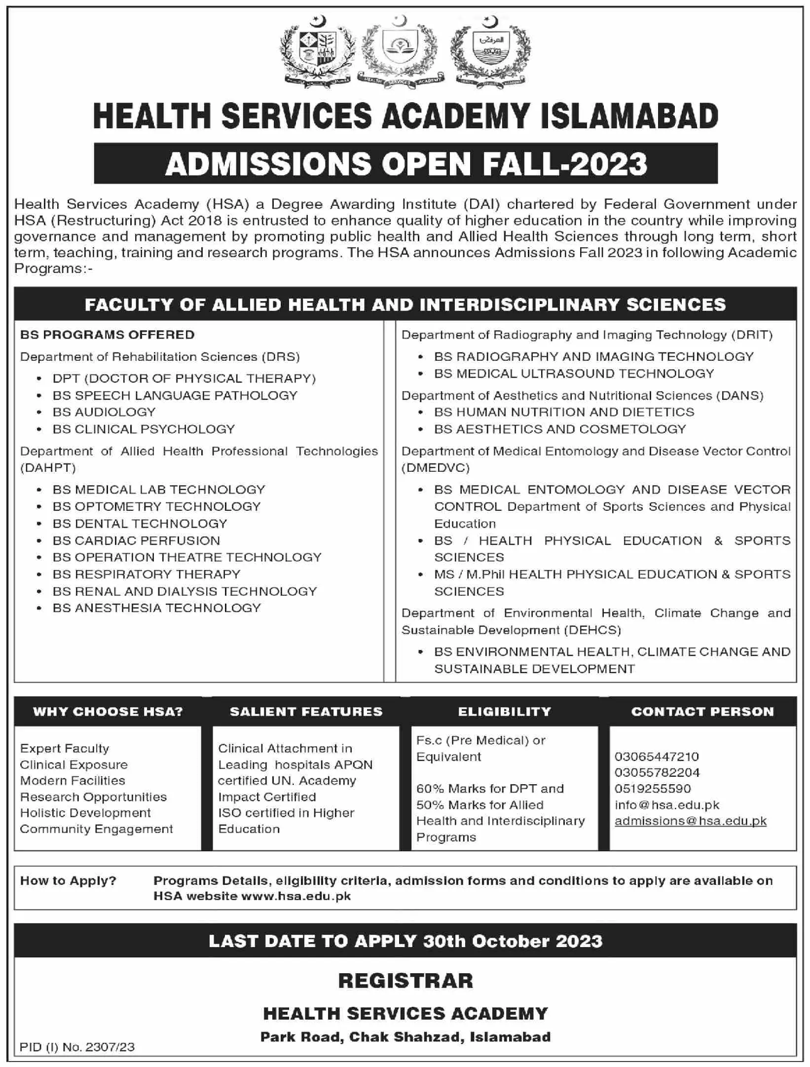 Health Services Academy Islamabad Admissions 2023 Admissions 2023 — original advertisement