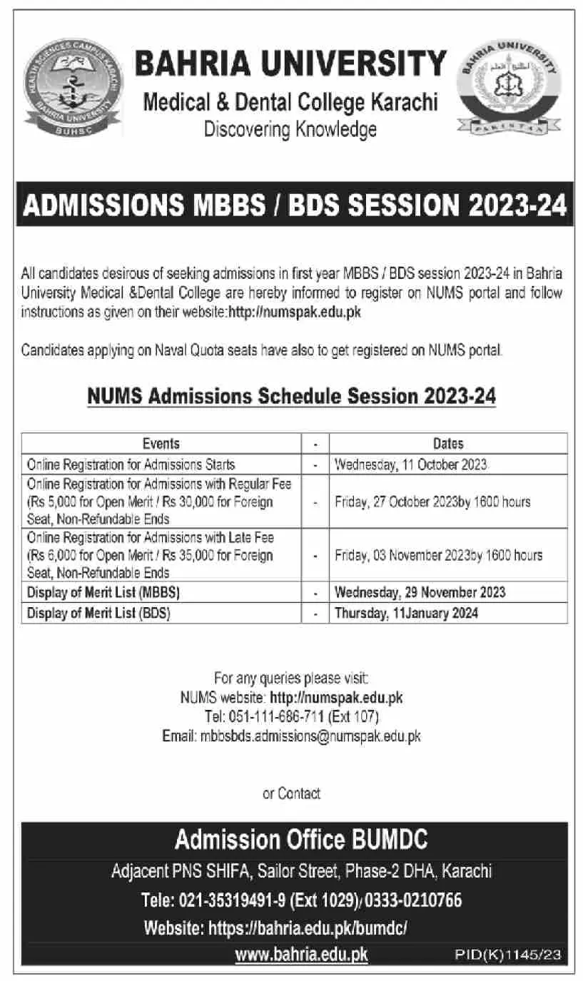 Bahria University Medical & Dental College Karachi Admission Admissions 2023 — original advertisement