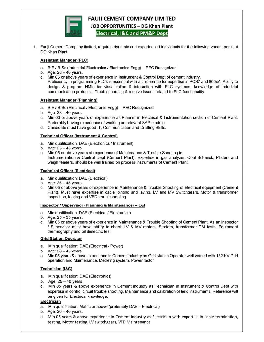 Fauji Cement Company Limited Dg Khan Jobs 2023 – Private Company Jobs 2023 — original advertisement