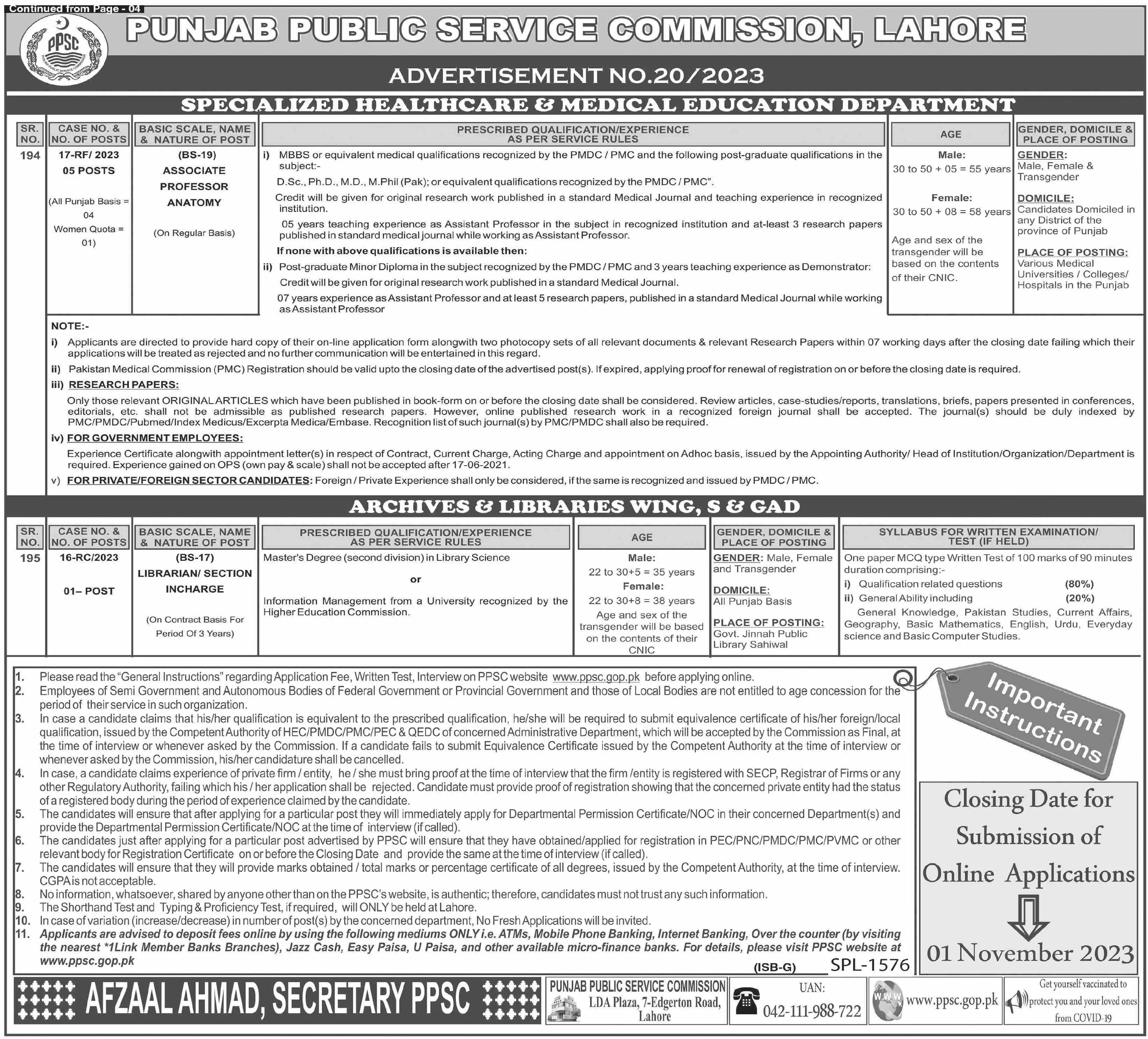 Punjab Public Service Commission PPSC Lahore Jobs 20/2023 – Punjab Public Service Commission Lahore Jobs 2023 — original advertisement